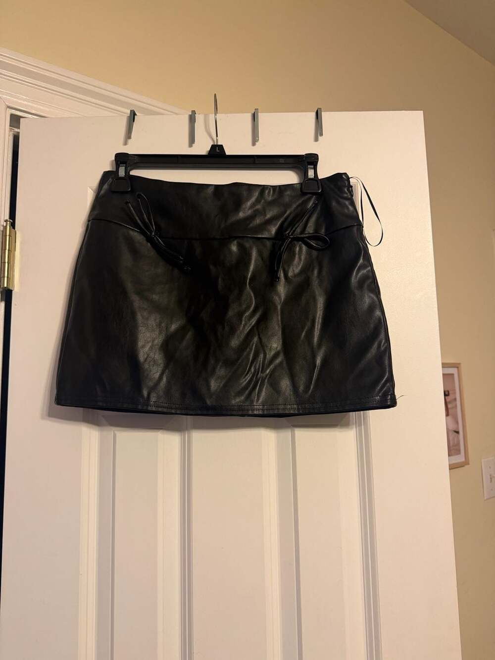 Blue Blush Women's Black Faux Leather Mini Skort with Front Tie Detail